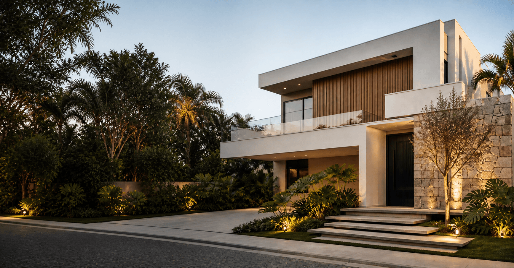 Casa contemporânea em paisagismo tropical ao entardecer